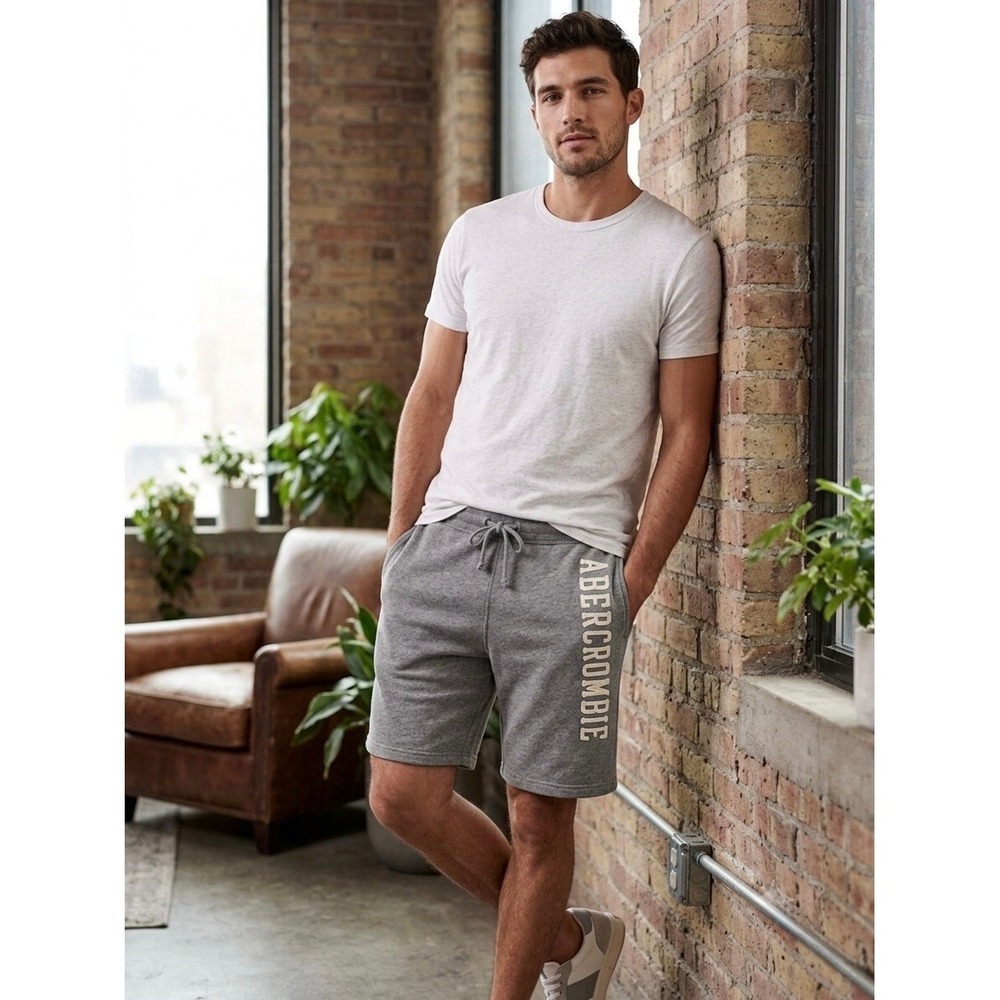 Abercrombie & Fitch Mens Logo Sweat Shorts Gray Drawstring Fleece Large 128A0023